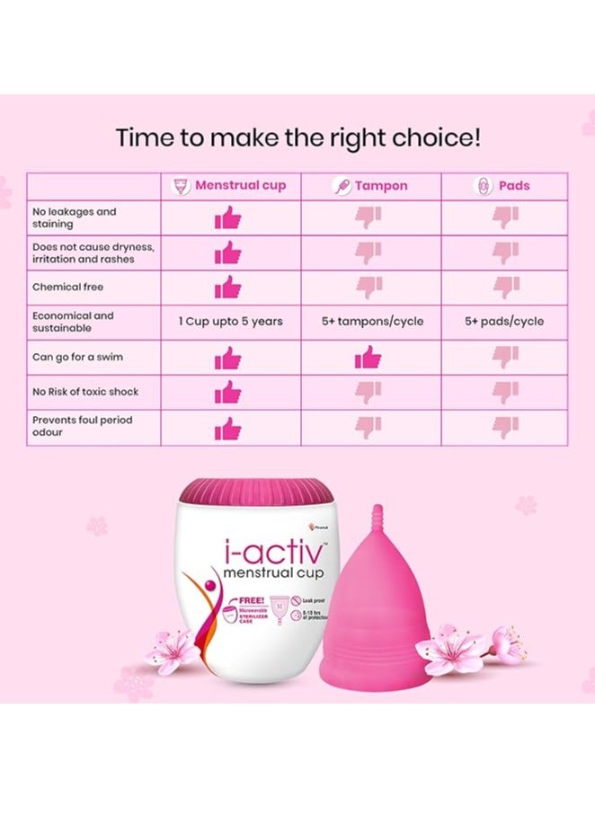 i-activ - i-activ Menstrual Cup for Women with free sterilizer case | Rash-Free, Leak-Free & Ultra soft Cup with Pouch| 100% Medical Grade Silicone | 8-10 hrs protection (Medium) Pack of 1 - Image 1
