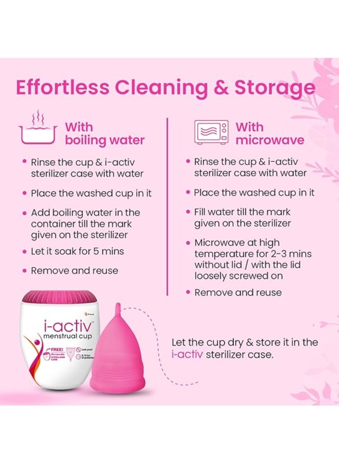 i-activ - i-activ Menstrual Cup for Women with free sterilizer case | Rash-Free, Leak-Free & Ultra soft Cup with Pouch| 100% Medical Grade Silicone | 8-10 hrs protection (Medium) Pack of 1 - Image 1