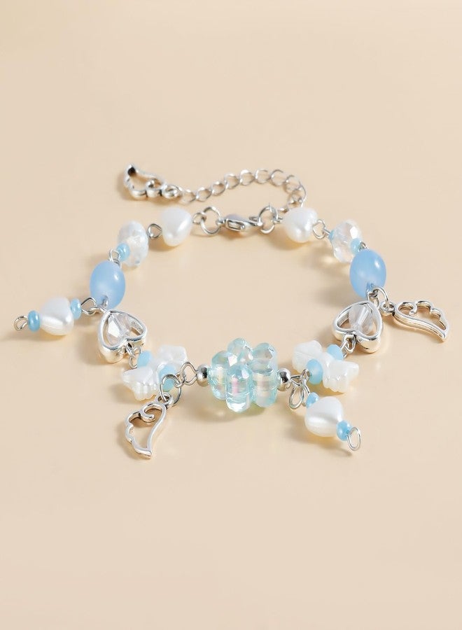 Blue Drop Y2k Bracelet for Women Star Love Heart Imitation Pearl Beaded Bow Wings Bracelet Aesthetic Dainty Vintage Punk Jewelry Gift - Image 3