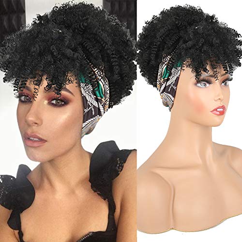 Aisaide Curly Wigs for Black Women Short Afro Kinky Curly Headbands for Wigs,Curly Synthetic Black Wig with Bangs Wrap Wig with Headband Attached Scarf Wig Turban Drawstring Afro High Puff Head Wrap - Image 1