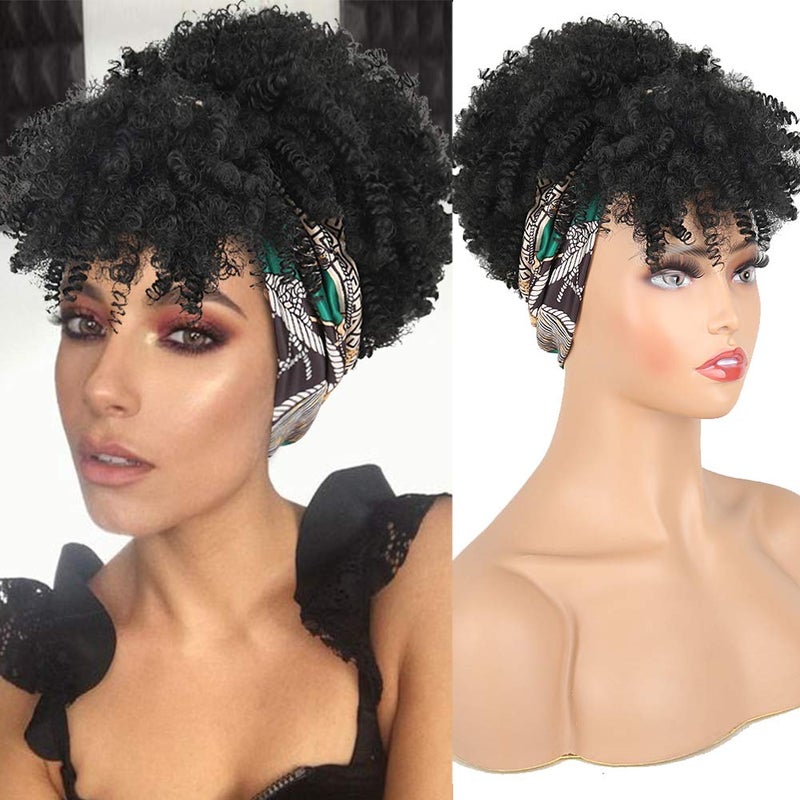 Aisaide Curly Wigs for Black Women Short Afro Kinky Curly Headbands for Wigs,Curly Synthetic Black Wig with Bangs Wrap Wig with Headband Attached Scarf Wig Turban Drawstring Afro High Puff Head Wrap - Image 3