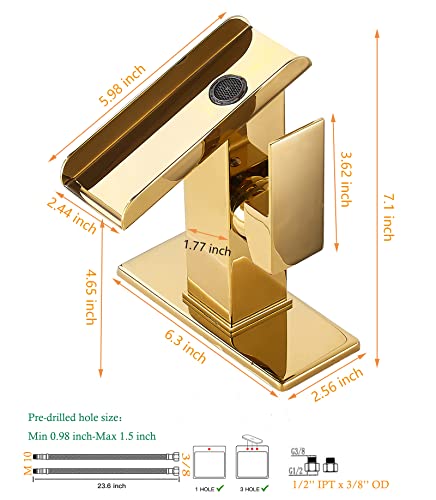 Chiczam Gold Bathroom Faucets LED Waterfall Spout One Hole RGB 3 Colors Light Changing Lavatory Vanity Sink Faucet Brass Single Handle Modern Washbasin Bath Basin Tap Contemporary with Water Supply Lines - Image 2