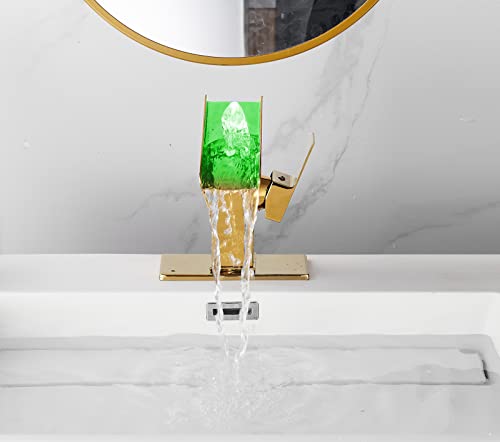 Chiczam Gold Bathroom Faucets LED Waterfall Spout One Hole RGB 3 Colors Light Changing Lavatory Vanity Sink Faucet Brass Single Handle Modern Washbasin Bath Basin Tap Contemporary with Water Supply Lines - Image 4