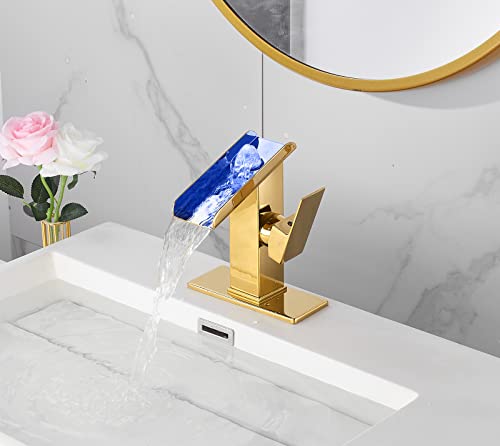 Chiczam Gold Bathroom Faucets LED Waterfall Spout One Hole RGB 3 Colors Light Changing Lavatory Vanity Sink Faucet Brass Single Handle Modern Washbasin Bath Basin Tap Contemporary with Water Supply Lines - Image 3