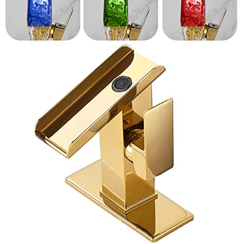 Chiczam Gold Bathroom Faucets LED Waterfall Spout One Hole RGB 3 Colors Light Changing Lavatory Vanity Sink Faucet Brass Single Handle Modern Washbasin Bath Basin Tap Contemporary with Water Supply Lines - Image 1