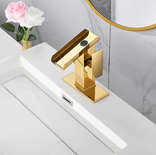 Chiczam Gold Bathroom Faucets LED Waterfall Spout One Hole RGB 3 Colors Light Changing Lavatory Vanity Sink Faucet Brass Single Handle Modern Washbasin Bath Basin Tap Contemporary with Water Supply Lines - Image 5