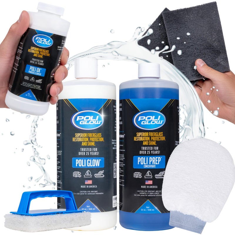 Poli Glow Deluxe Kit Fiberglass Repair RV & Boat Cleaner - Complete Fiberglass Restorer for Boats and RVs - Eliminates Oxidation, Restores Shine & Protects - Easy to Apply, Long-Lasting - 6-in-1 Kit - Image 1