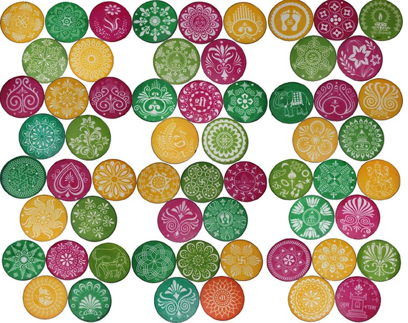 Oramsa Combo of Rangoli Kit- Rangoli Powder (4 * 50gm=200)(Any 4),8" One Rangoli Round Stencil, 4" Four Rangoli Round Stencil, 1 Rangoli Roller - Image 2