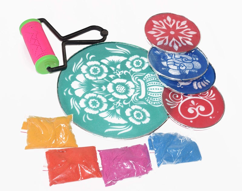 Oramsa Combo of Rangoli Kit- Rangoli Powder (4 * 50gm=200)(Any 4),8" One Rangoli Round Stencil, 4" Four Rangoli Round Stencil, 1 Rangoli Roller - Image 1