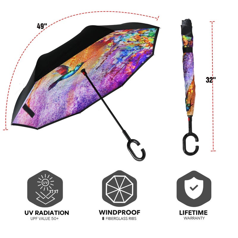 SIEPASA 49/56 Inch Inverted Reverse Upside Down Umbrella, Extra Large Double Canopy Vented Windproof Waterproof Stick Golf Umbrellas with C-shape Handle.(Hummingbird,49 Inch) - Image 2