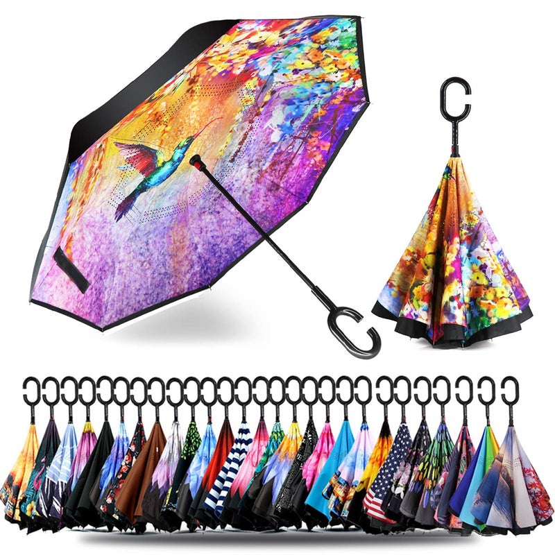 SIEPASA 49/56 Inch Inverted Reverse Upside Down Umbrella, Extra Large Double Canopy Vented Windproof Waterproof Stick Golf Umbrellas with C-shape Handle.(Hummingbird,49 Inch) - Image 1