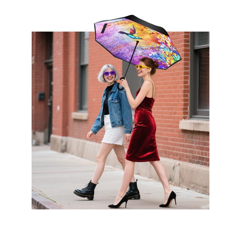 SIEPASA 49/56 Inch Inverted Reverse Upside Down Umbrella, Extra Large Double Canopy Vented Windproof Waterproof Stick Golf Umbrellas with C-shape Handle.(Hummingbird,49 Inch) - Image 3