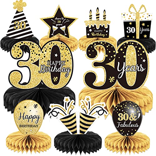 Tevxj 9 Pieces 30th Birthday Decoration 30 th Birthday Centerpieces for Tables Decorations Cheers to 30 Years Honeycomb Table Topper for Men and Women Thirty Years Party Decor Supplies - Image 1