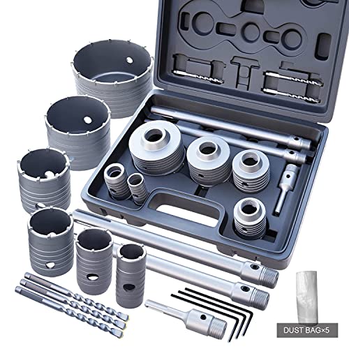 GSTK 15pcs Concrete Hole Saw Set (30 40 50 65 80 100mm) with SDS Plus Shank Connecting Rod 110mm and 5pcs Dust Catchers, Concrete Hole Saw Kit for Concrete|Cement|Brick|Stone|Wall. - Image 1