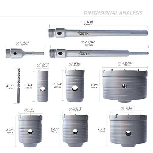 GSTK 15pcs Concrete Hole Saw Set (30 40 50 65 80 100mm) with SDS Plus Shank Connecting Rod 110mm and 5pcs Dust Catchers, Concrete Hole Saw Kit for Concrete|Cement|Brick|Stone|Wall. - Image 2