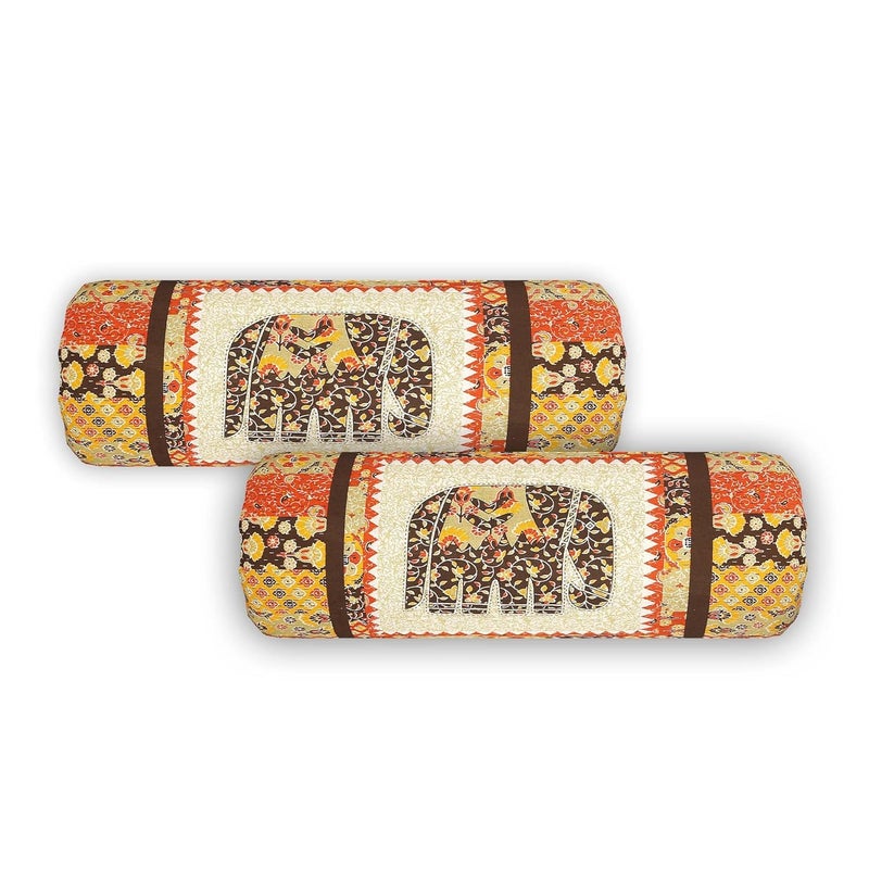 AMLEXTTRIZ Barmeri Elephant Print Bolster Cover 100 Cotton Set of 2 Round Decorative Pillow Cover for Diwan Bed Side Long Pillow Case Masand Pillowcases 16x32 Inch Brown - Image 2