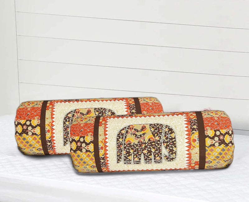 AMLEXTTRIZ Barmeri Elephant Print Bolster Cover 100 Cotton Set of 2 Round Decorative Pillow Cover for Diwan Bed Side Long Pillow Case Masand Pillowcases 16x32 Inch Brown - Image 1