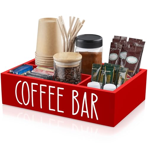 ALELION Red Coffee Station Organizer with Removable Dividers - Coffee Pod Holder Storage Basket for K Cup Sugar Tea - Red Coffee Bar Kitchen Decor Accessories Organizer for Countertop - Image 1