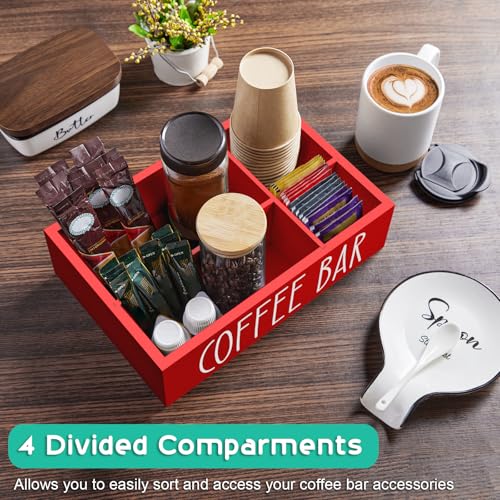 ALELION Red Coffee Station Organizer with Removable Dividers - Coffee Pod Holder Storage Basket for K Cup Sugar Tea - Red Coffee Bar Kitchen Decor Accessories Organizer for Countertop - Image 4
