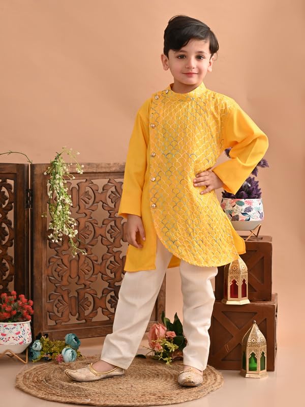 superminis Baby Boys Cotton Side Open Embroidery Kurta and White Pyjama Set (7-8 Years, Yellow) - Image 2