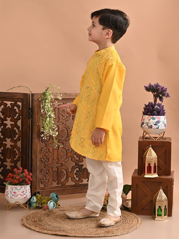 superminis Baby Boys Cotton Side Open Embroidery Kurta and White Pyjama Set (7-8 Years, Yellow) - Image 4
