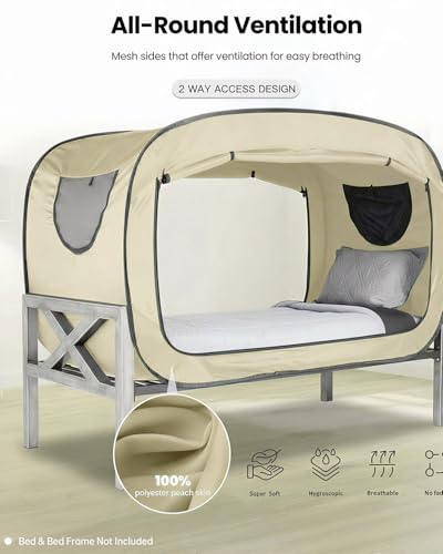 ANC POP Bed Tent Twin Bed Canopy Portable Dream Tent for Adult Indoor Sleeping Tents with 2 Doors Breathable Private Space Tents, Pale Yellow - Image 3
