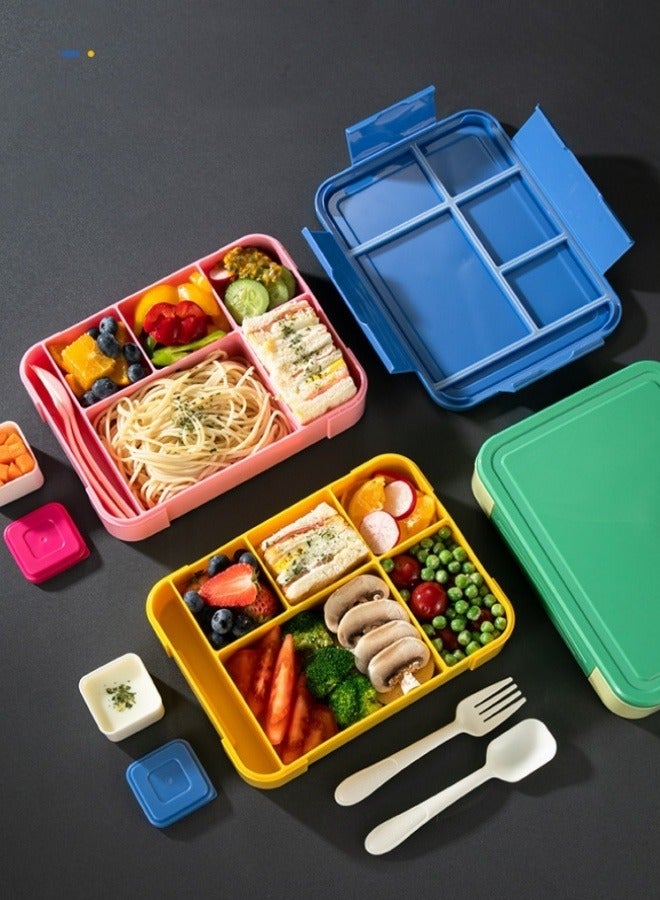 QIGAR Bento Box, Lunch Box for Kids, Leak Proof Lunch Box Container with 5 Compartment and Utensils Blue 23x17x4.8 cm 1330ML PP  - Image 3