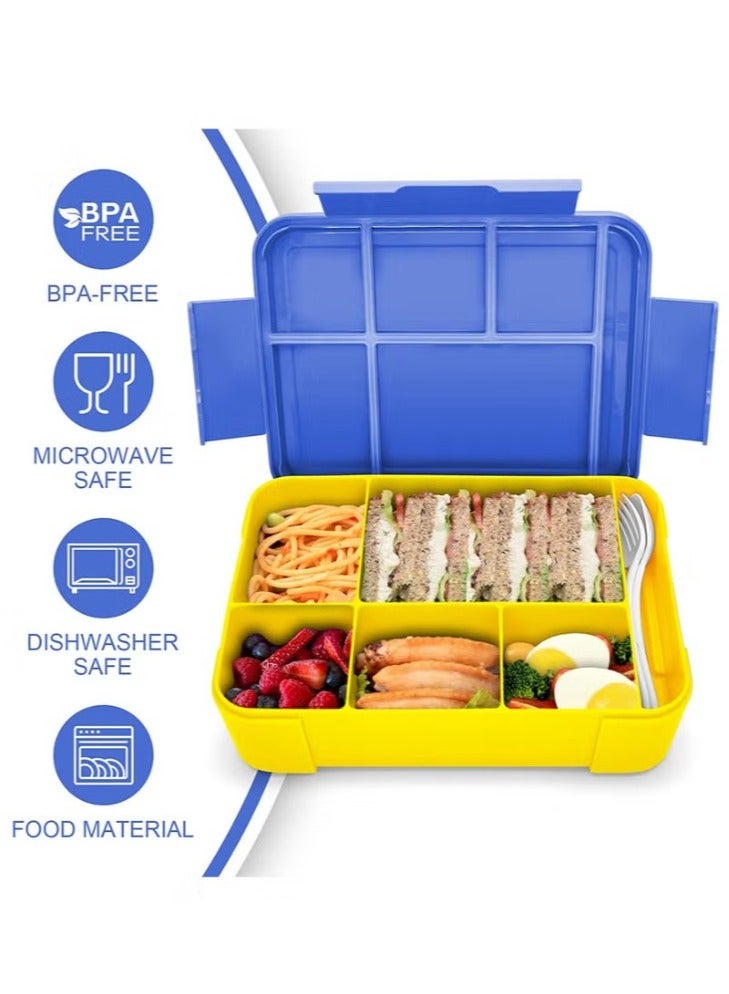 QIGAR Bento Box, Lunch Box for Kids, Leak Proof Lunch Box Container with 5 Compartment and Utensils Blue 23x17x4.8 cm 1330ML PP  - Image 5