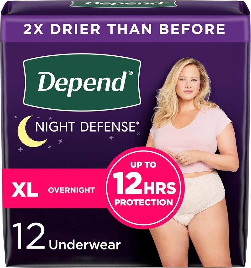 Depend Depend Night Defense Adult Incontinence & Postpartum Bladder Leak Underwear for Women, Disposable, Overnight, Extra-Large, Blush, 12 Count, Packaging May Vary 