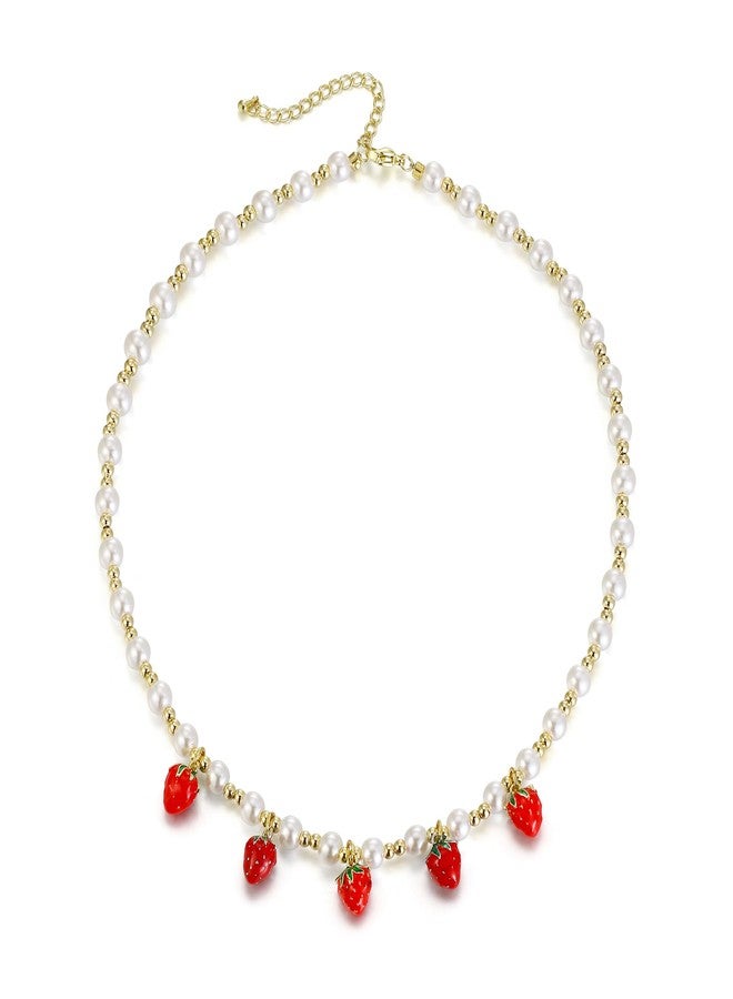 بريلوف قلادة بريلوف اللطيفة والمرحة المصنوعة من اللؤلؤ الصناعي على شكل ثلاث فراولات، مثالية للنساء، مناسبة لحفلات الهالوين الصيفية، وحفلات التنكر، وهدايا رائعة لمحبي الفراولة. - Image 1