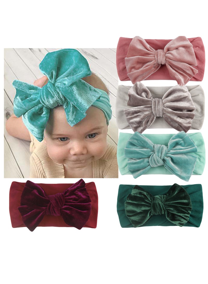 5 قطع من عصابات الرأس المزينة بأقواس للبنات الصغيرات، مصنوعة من المخمل المطاطي المرن والمزينة بأقواس معقودة، مناسبة للأطفال الرضع والأطفال الصغار - Image 1