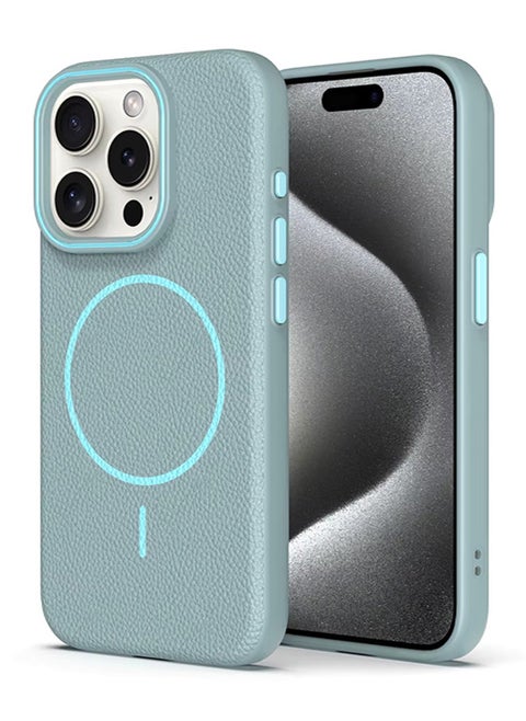 Magsafe Phone Case For iPhone 16 Pro Max With High Quality Rubber Frame And Slim Lychee Pattern Leather Case with Camera Lens Protection Shockproof Cover And support wireless Charging Leather Cover for iPhone 16 Pro Max - Baby Blue