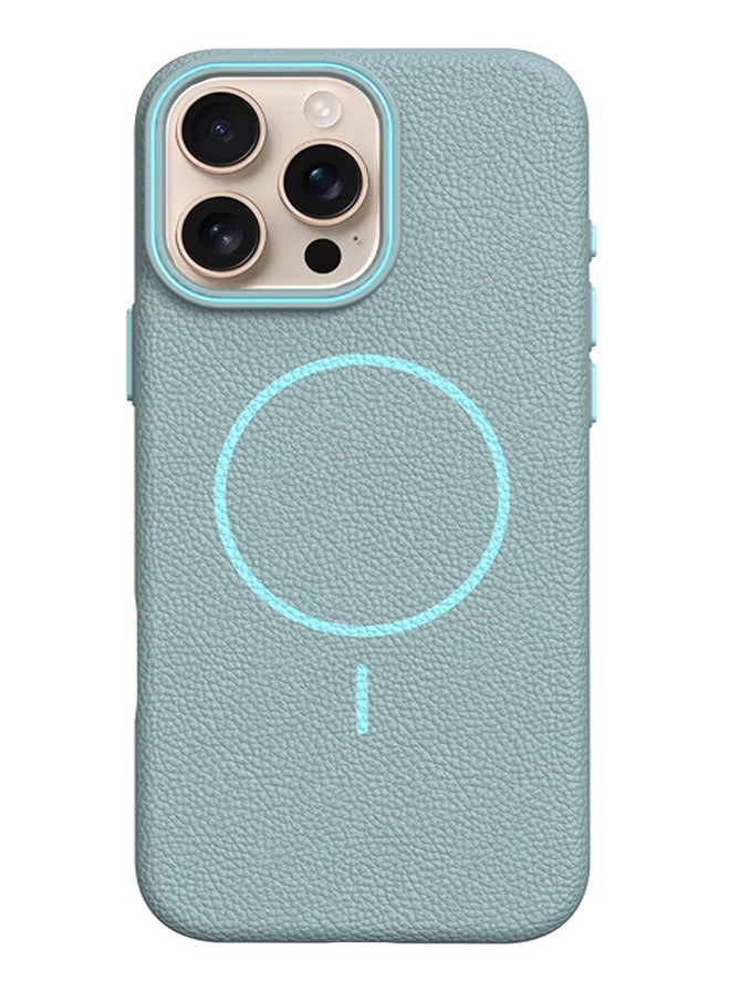 Magsafe Phone Case For iPhone 16 Pro Max With High Quality Rubber Frame And Slim Lychee Pattern Leather Case with Camera Lens Protection Shockproof Cover And support wireless Charging Leather Cover for iPhone 16 Pro Max - Baby Blue