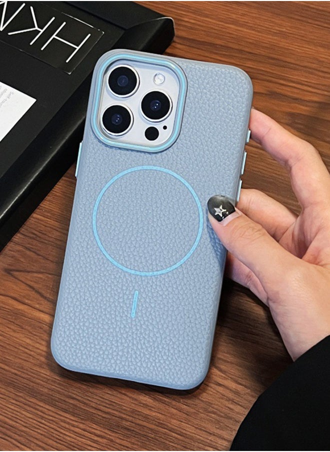Magsafe Phone Case For iPhone 16 Pro Max With High Quality Rubber Frame And Slim Lychee Pattern Leather Case with Camera Lens Protection Shockproof Cover And support wireless Charging Leather Cover for iPhone 16 Pro Max - Baby Blue