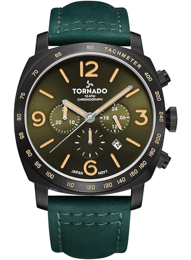 تورنيدو ساعة رجالية يابانية بحركة كوارتز وشاشة كرونوغراف وحزام جلدي T9102 Blhh باللون الأخضر
