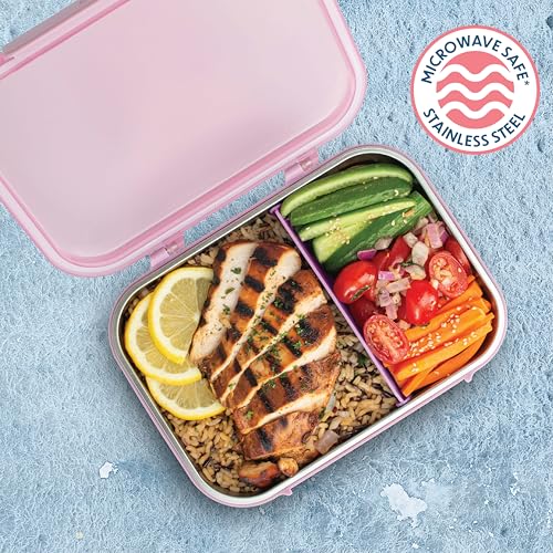 Smash 61oz / 1.8L Microwave Safe Stainless Steel Bento Box with Pink Hinged Lid – 2 Compartments with Movable Divider, Leak-Proof Clip Closure & Silicone Seal - Image 5