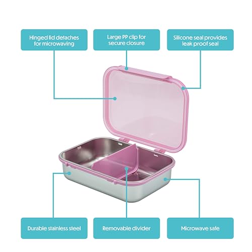 Smash 61oz / 1.8L Microwave Safe Stainless Steel Bento Box with Pink Hinged Lid – 2 Compartments with Movable Divider, Leak-Proof Clip Closure & Silicone Seal - Image 2