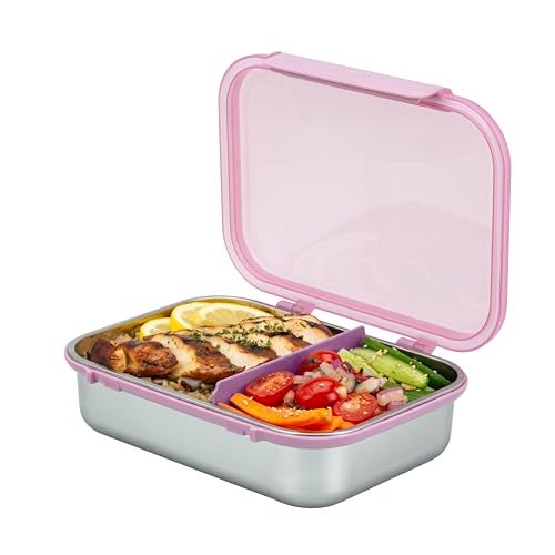 Smash 61oz / 1.8L Microwave Safe Stainless Steel Bento Box with Pink Hinged Lid – 2 Compartments with Movable Divider, Leak-Proof Clip Closure & Silicone Seal - Image 1
