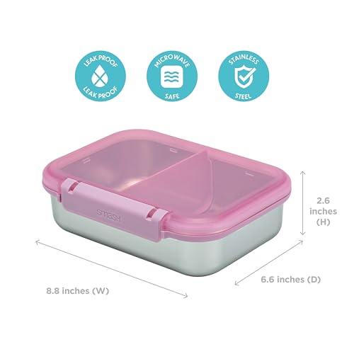 Smash 61oz / 1.8L Microwave Safe Stainless Steel Bento Box with Pink Hinged Lid – 2 Compartments with Movable Divider, Leak-Proof Clip Closure & Silicone Seal - Image 4