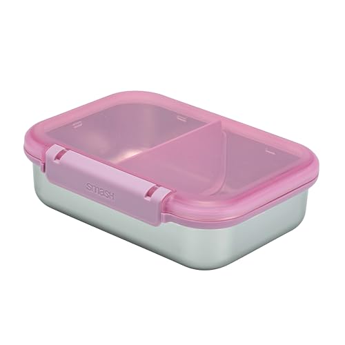 Smash 61oz / 1.8L Microwave Safe Stainless Steel Bento Box with Pink Hinged Lid – 2 Compartments with Movable Divider, Leak-Proof Clip Closure & Silicone Seal - Image 3