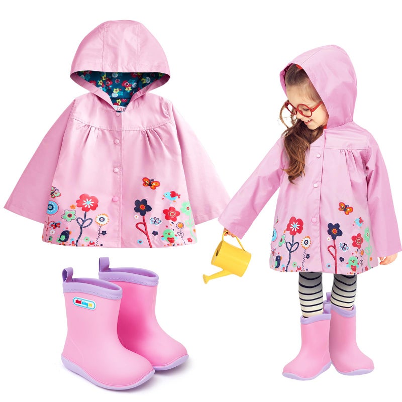 Twistover 2 Pcs Toddler Raincoat Rain Boots Set Kids Baby Cartoon Hoodie Zipper Jacket Short Rain Shoes for Little Boys Girls(2 T,Pink Flower) - Image 1