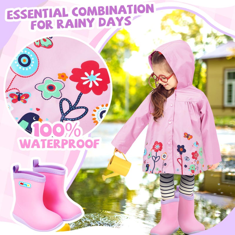 Twistover 2 Pcs Toddler Raincoat Rain Boots Set Kids Baby Cartoon Hoodie Zipper Jacket Short Rain Shoes for Little Boys Girls(2 T,Pink Flower) - Image 4