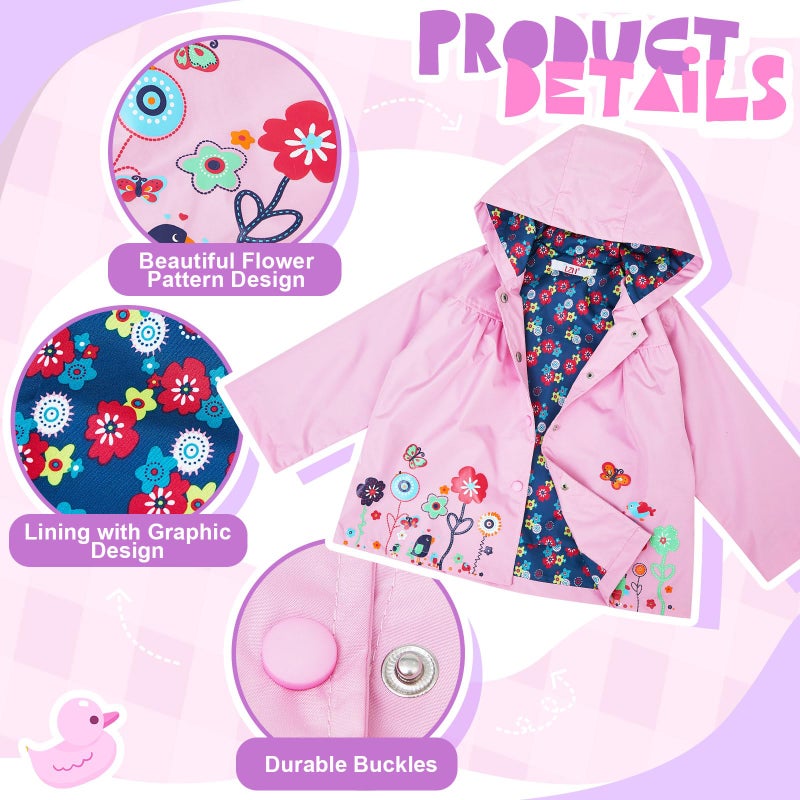 Twistover 2 Pcs Toddler Raincoat Rain Boots Set Kids Baby Cartoon Hoodie Zipper Jacket Short Rain Shoes for Little Boys Girls(2 T,Pink Flower) - Image 3