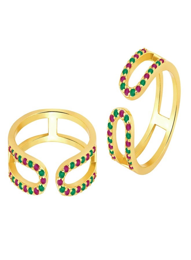 Peora Rani Pink Green Gold Plated Cubic Zirconia Studded Adjustable Toe Rings Stylish Bichiya Jewellery Gift for Women - Image 3