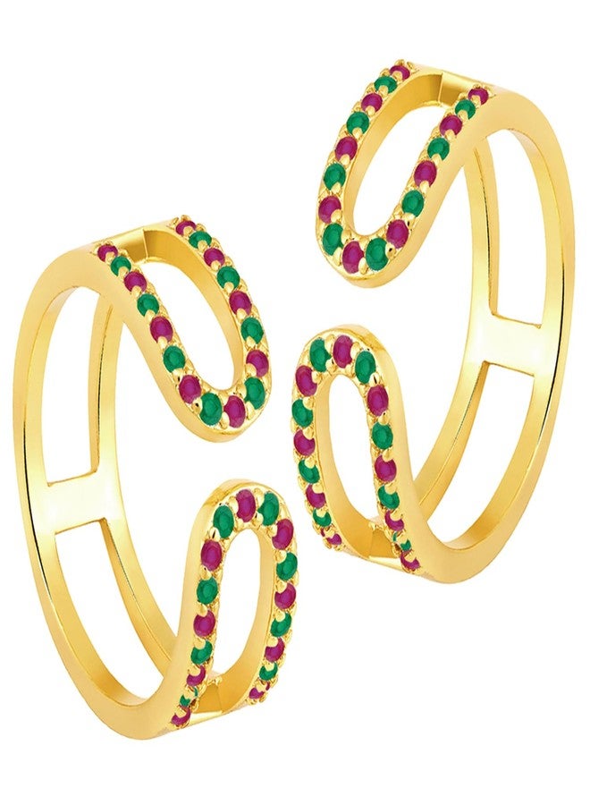 Peora Rani Pink Green Gold Plated Cubic Zirconia Studded Adjustable Toe Rings Stylish Bichiya Jewellery Gift for Women - Image 1