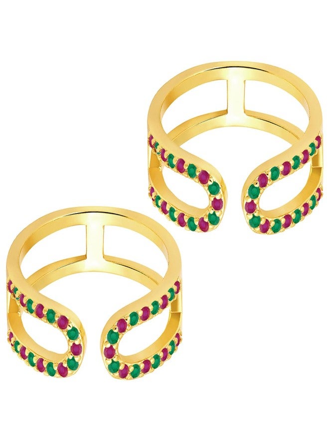 Peora Rani Pink Green Gold Plated Cubic Zirconia Studded Adjustable Toe Rings Stylish Bichiya Jewellery Gift for Women - Image 4