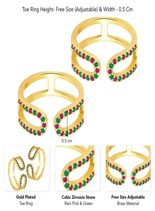 Peora Rani Pink Green Gold Plated Cubic Zirconia Studded Adjustable Toe Rings Stylish Bichiya Jewellery Gift for Women - Image 5