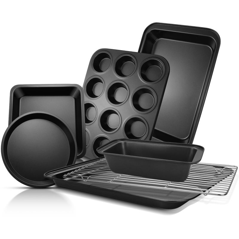 EWFEN Bakeware Sets Baking Pans Set Nonstick Oven Pan for Kitchen with Wider Grips 7Piece with RoundSquare Cake Pan Loaf Pan Muffin Pan Cookie Sheet Roast Pan Cooling Rack Carbon Steel Bake