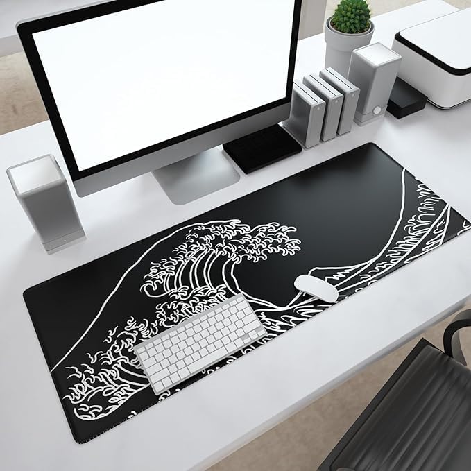 YLmeet لوحة ماوس للألعاب بتصميم الموجة اليابانية مع حواف مخيطة، لوحة ماوس ممتدة بحجم XL، تصميم أبيض وأسود، قاعدة مانعة للانزلاق، مقاس 31.5 × 11.8 بوصة - Image 2