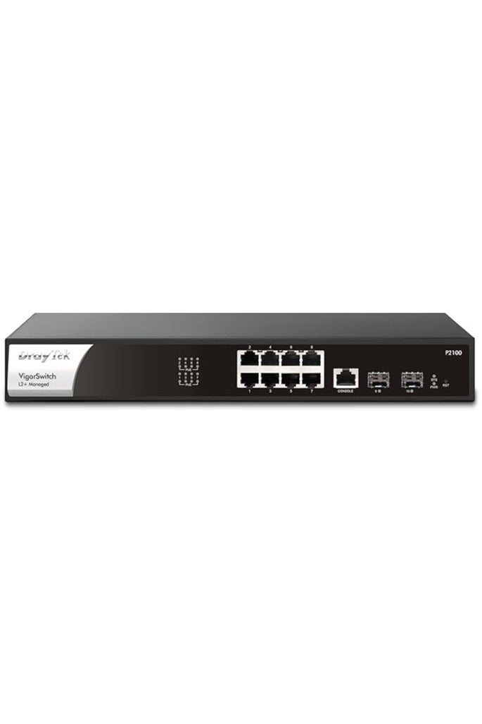 Draytek VigorSwitch P2100 8-Port Gigabit PoE Layer 2+ Managed Switch | 2 SFP Uplink Ports | Rack Mountable | Business Class - Image 1
